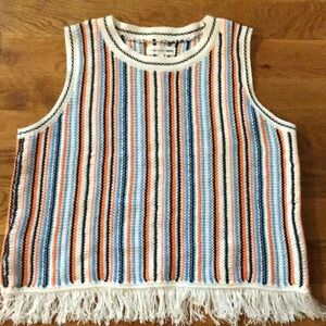 Lou And Grey For Loft Knit Striped Womens Boho Crop Top With Fringe Size large